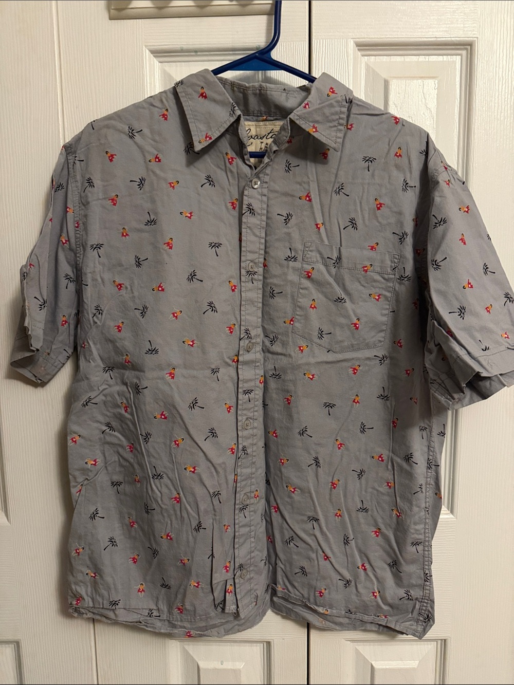 Men's Gray Short-Sleeve Button-Down Shirt with Red Floral Print